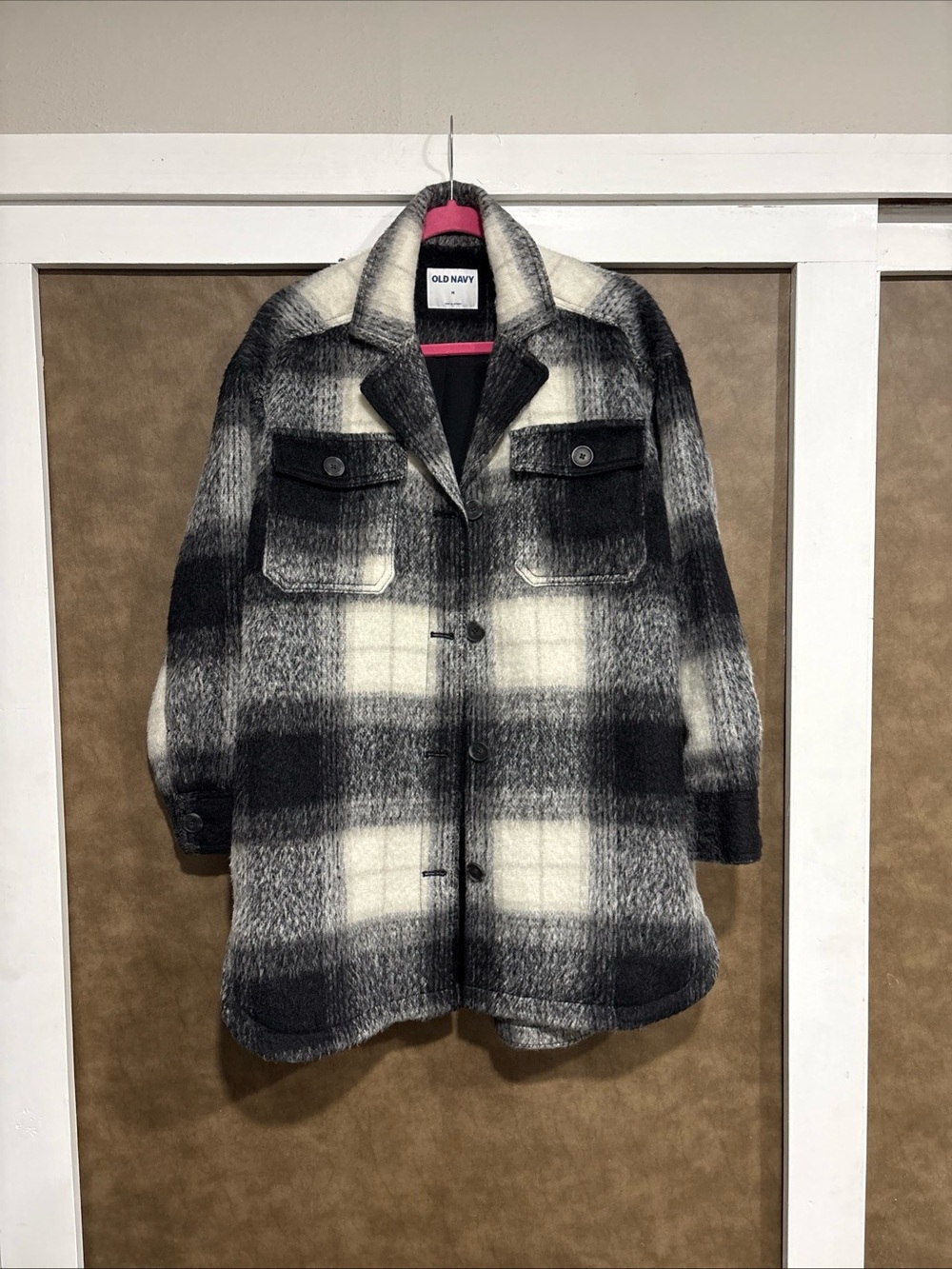 Old Navy Black & White Plaid Pea Coat
